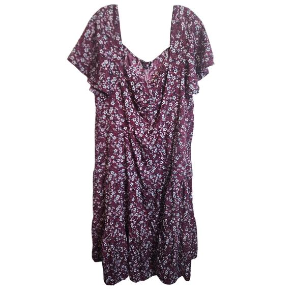 BloomChic Ditsy Floral Pocket Drawstring Ruched Flutter Sleeve Dress, Scarlet 2X - Picture 2 of 7